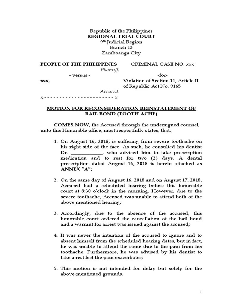 Motion For Reconsideration Reinstatement Of Bail Bond | PDF | Bail ...