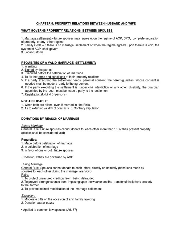 Property Relations Between Husband And Wife: Governing Systems, Marriage Settlements, Donations ...
