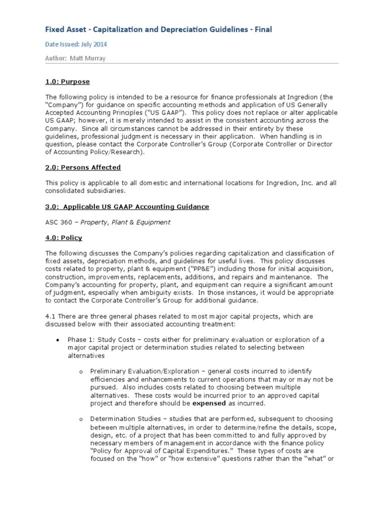Fixed Asset - Capitalization And Depreciation Guidelines - Final | PDF ...