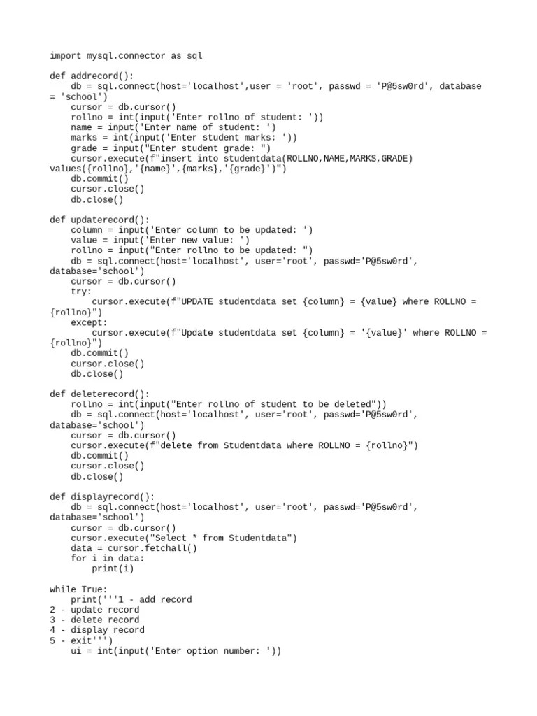 Menu Driven Program Studentrecords | PDF