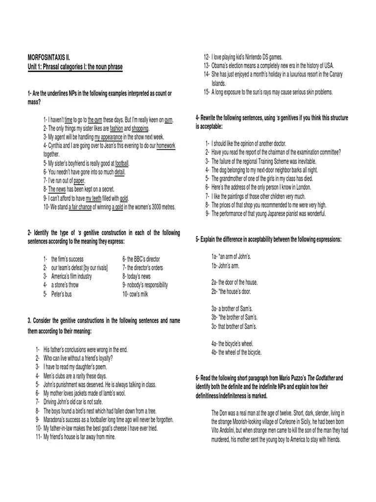 Exercises Unit 1 | PDF | Linguistics | Syntax