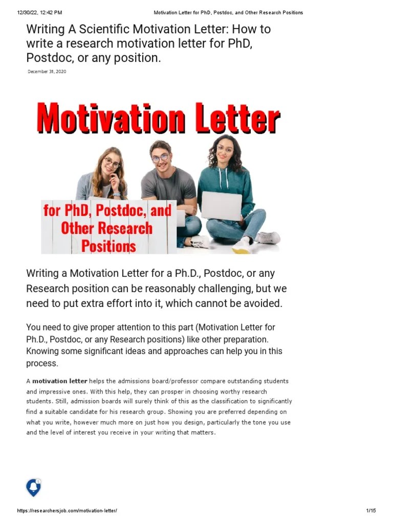 Motivation Letter For PHD, Postdoc, And Other Research Positions | PDF ...
