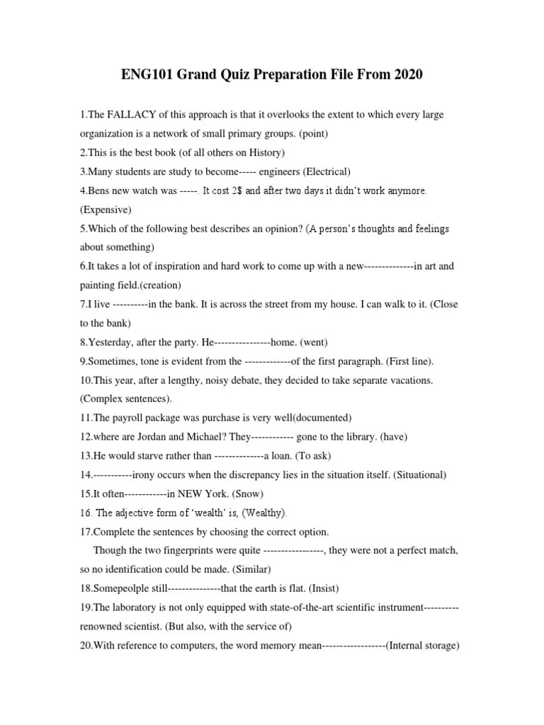 ENG101 - Grand Quiz Prepartion File | PDF | Cognitive Science ...