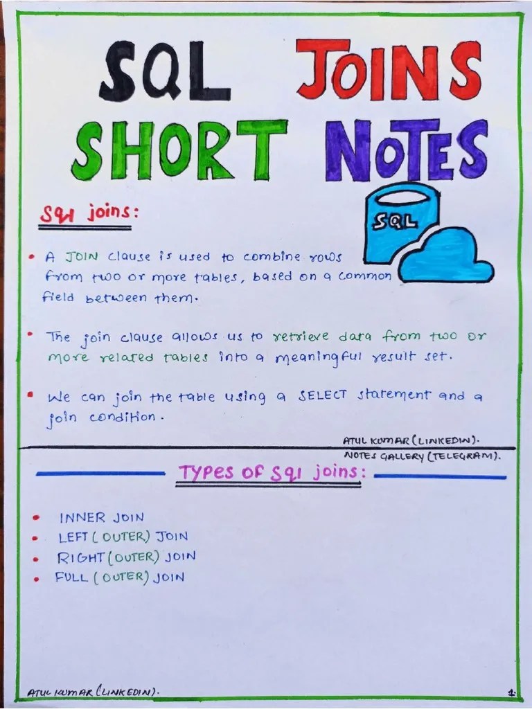 ?SQL Joins? (Handwritten) Short Notes (PWRT - 5) | PDF