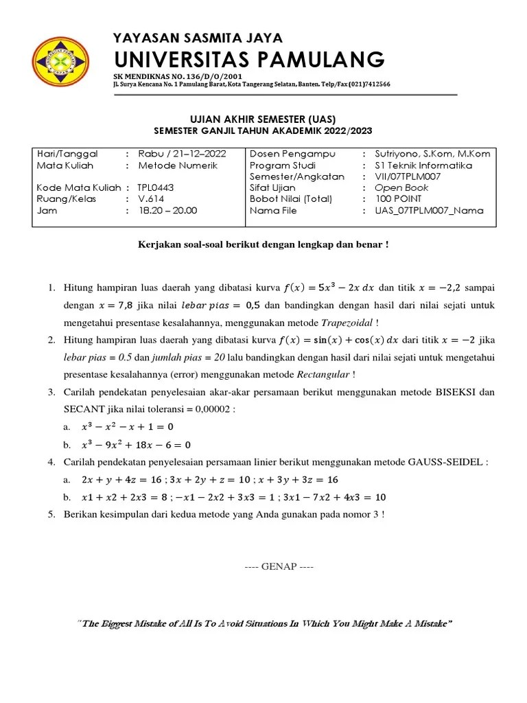 Soal UAS STMIK Unpam - Metode Numerik | PDF