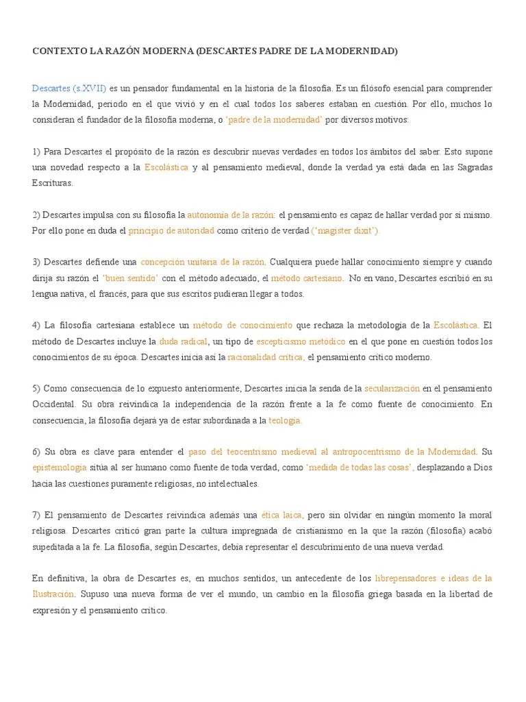 Contexto La Razón Moderna (Descartes Padre De La Modernidad) | PDF | René Descartes | Verdad