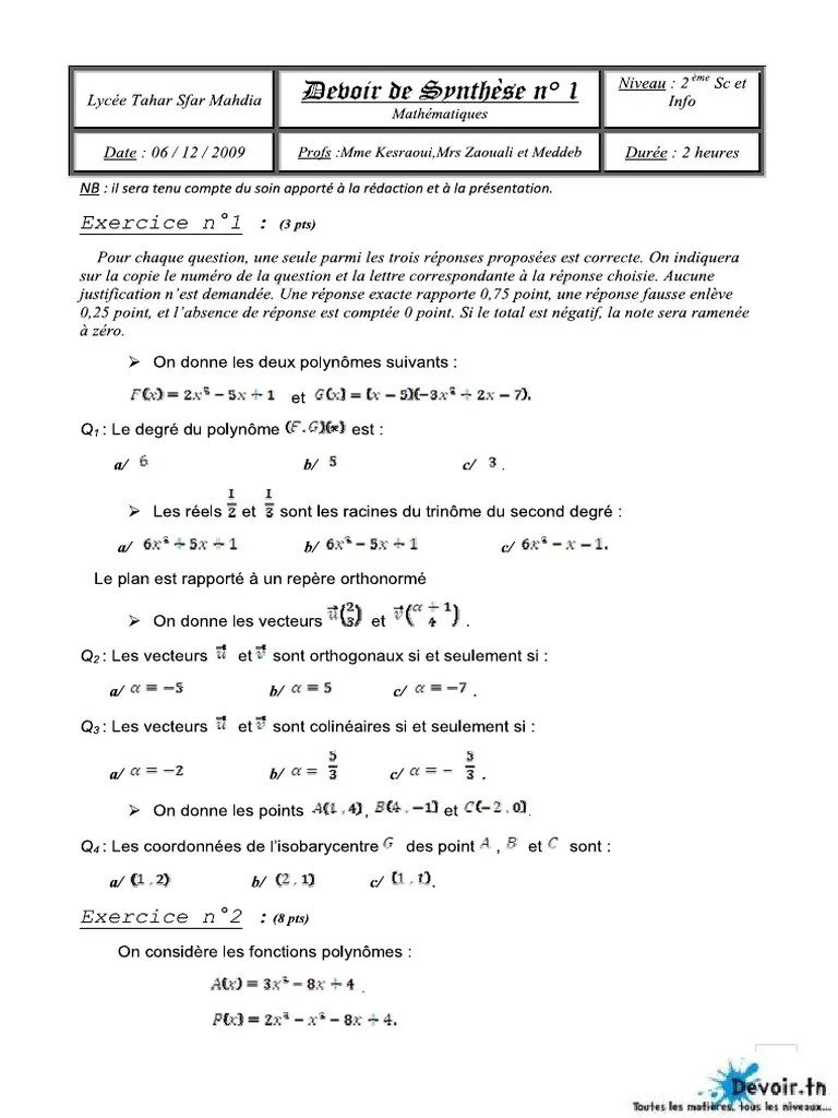 Devoir De Synthèse N°1 2010 2011 (Meddeb Tarak) | PDF