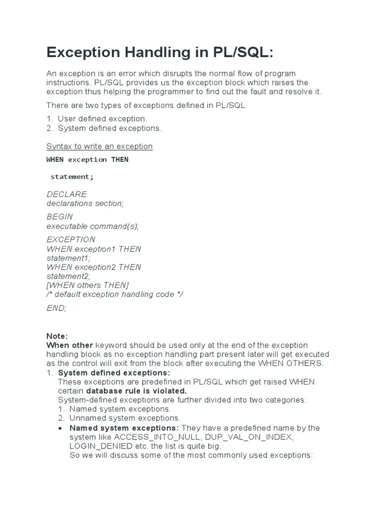 Exception Handling In PL | PDF | Pl/Sql | Systems Engineering