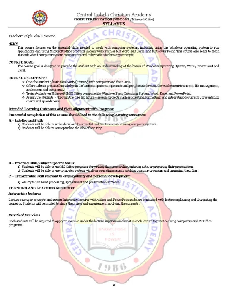 Computer Syllabus | PDF | Window (Computing) | Microsoft Excel