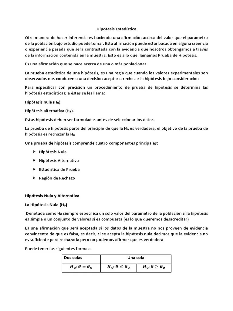 Hipótesis Estadística | PDF | Errores Tipo I Y Tipo Ii | Prueba De ...