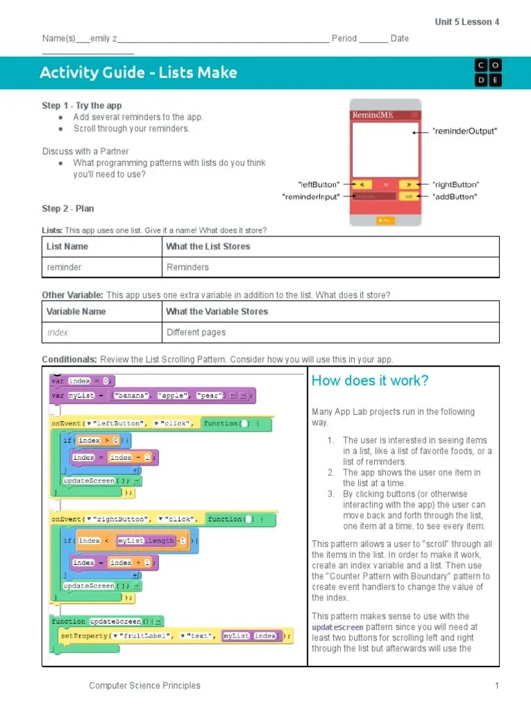 Activity Guide - Lists Make - Unit 5 Lesson 4 | PDF | Programming ...
