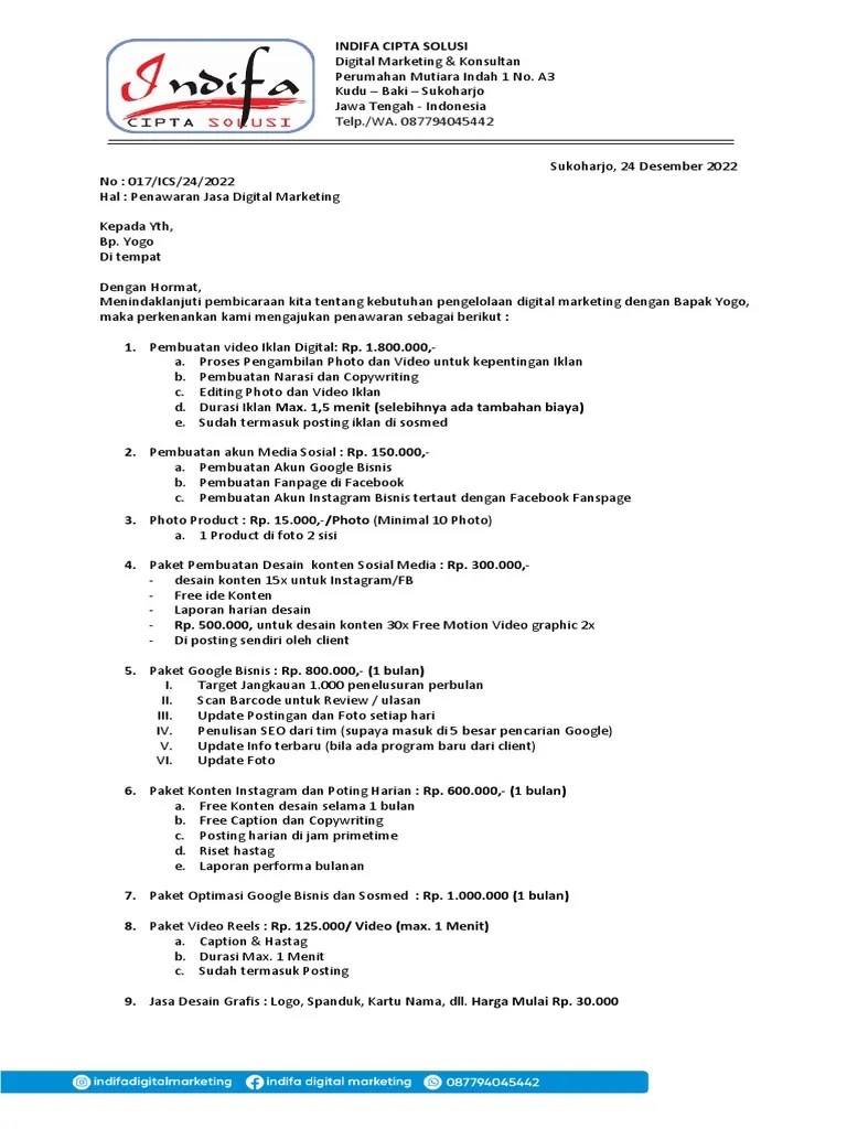 Surat Penawaran Digital Marketing Bapak Yogo | PDF