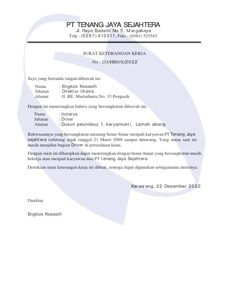 Contoh Surat Keterangan Kerja | PDF