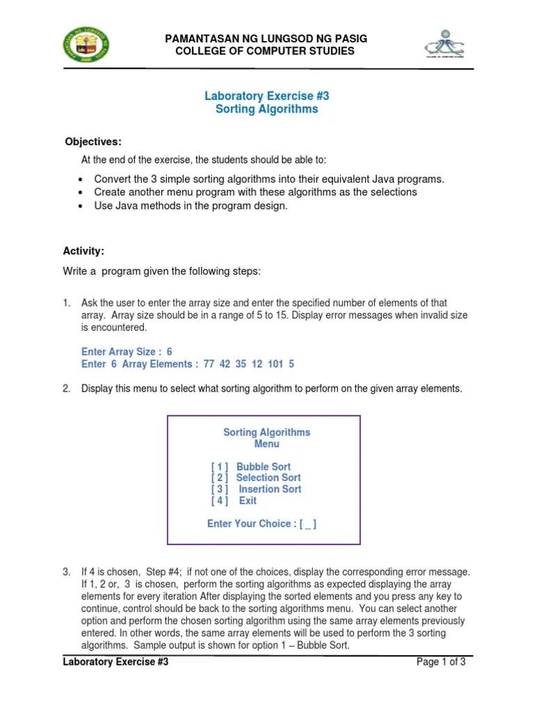 03 - Lab Exercise #3 - Sorting Algorithms | Download Free PDF | Array ...