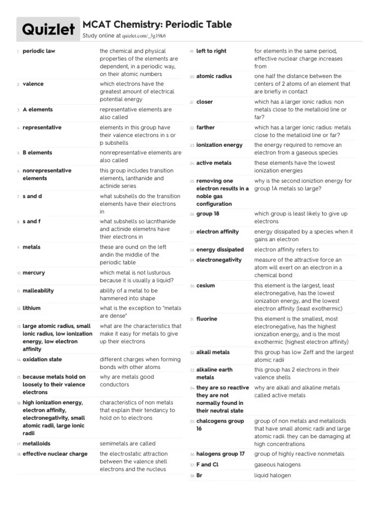 Mcat chem periodic table quizlet