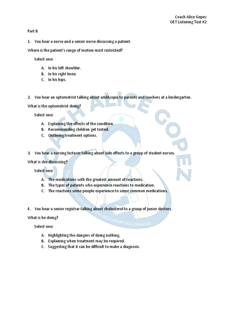 OET Listening Test 2 - Part B - Questionnaire | PDF