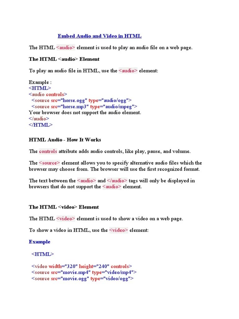 Embed Audio And Video In HTML Class 10 | PDF | Hyperlink | Html