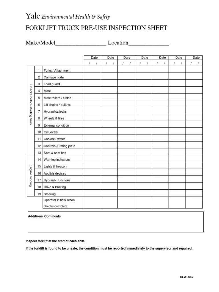 Forklift pre-use inspection checklist