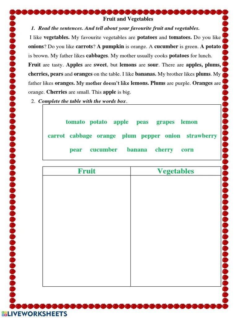 Fruit Vegetables: 1. Read The Sentences. And Tell About Your Favourite ...