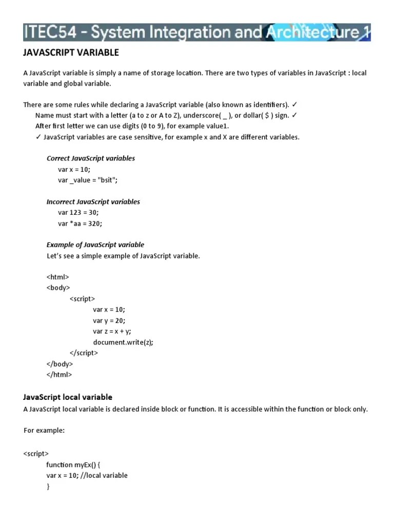 ITEC54 - JavaScript Variable And Data Types | PDF | Computers