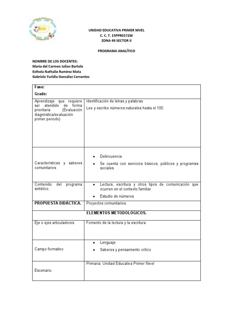 Formato Programa Analítico 1° Y 2° | PDF | Evaluación | Comunicación