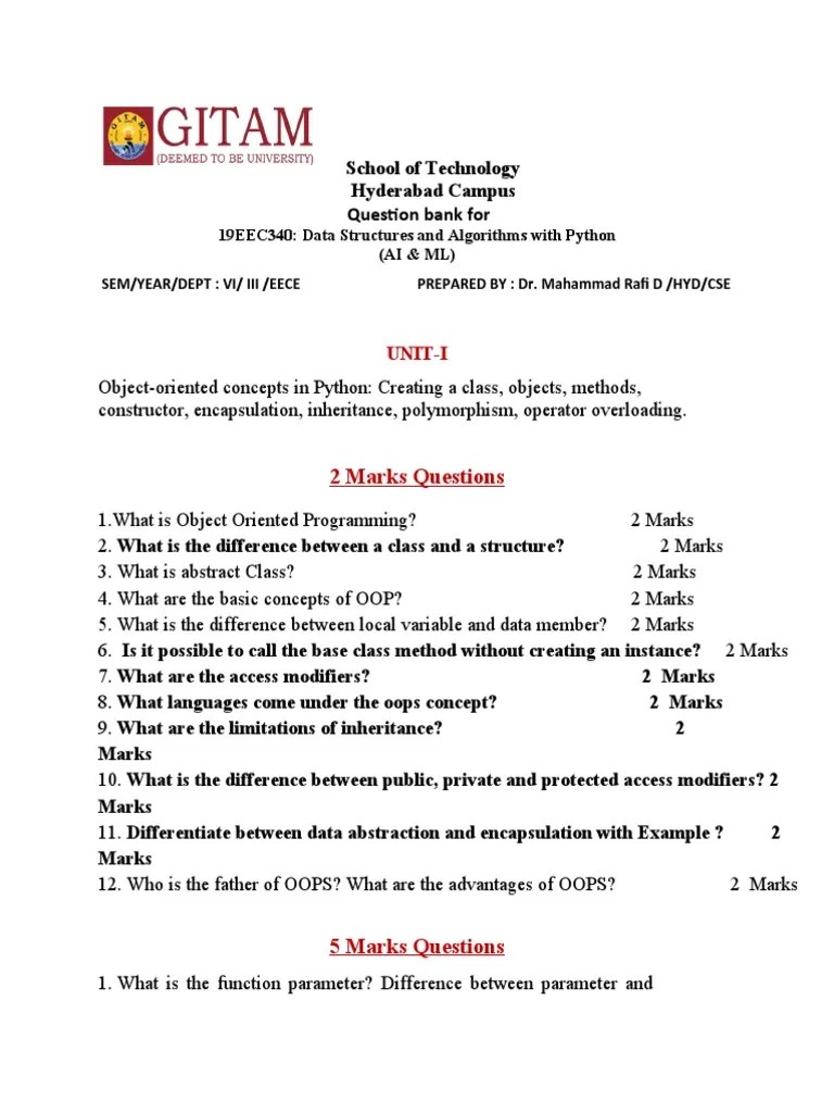 Question Bank-DSA Using Python (Unit-I & Unit-II) | PDF | Method ...