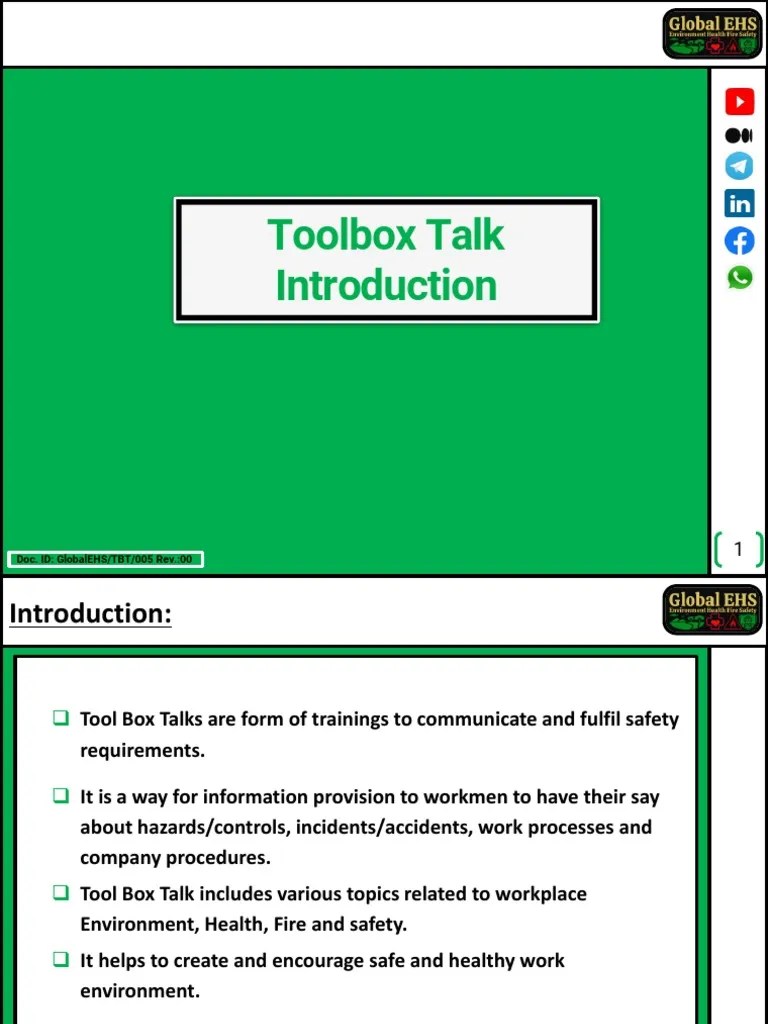 Introduction Of Tool Box Talk Rev 01 Global EHS TBT 001 | PDF | Safety ...