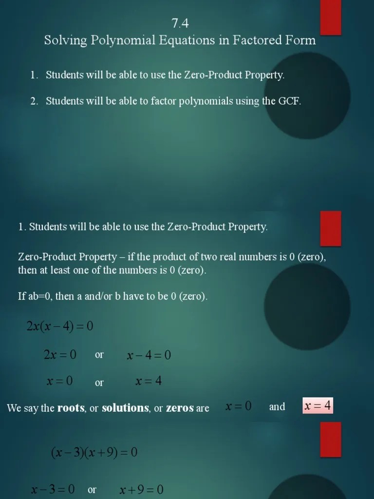 7.4 Solving Polynomial Equations In Factored Form | PDF | Zero Of A ...