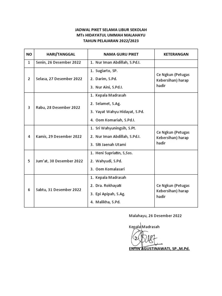 Jadwal Piket Selama Libur Sekolah | PDF