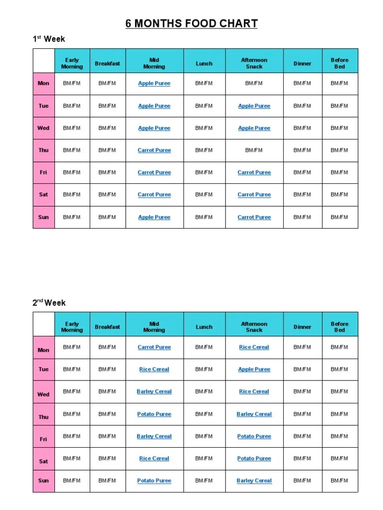 6 months baby food chart