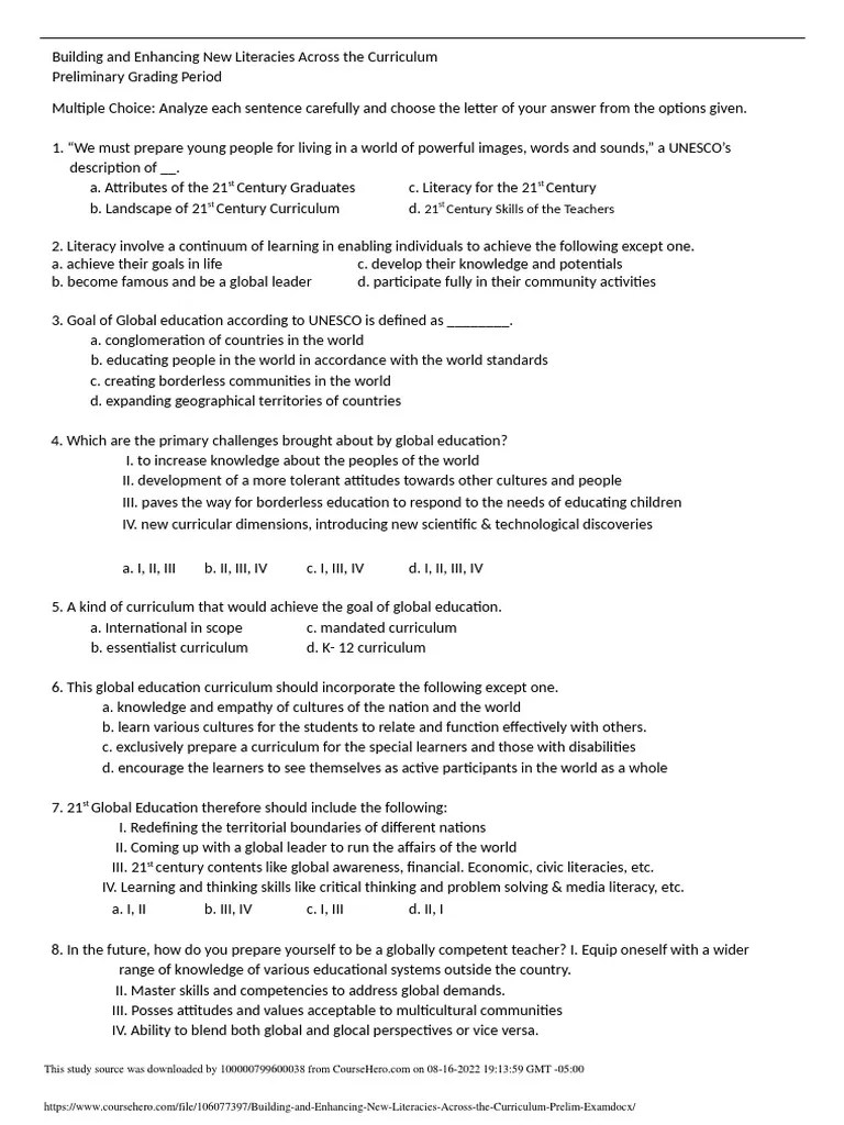 Building And Enhancing New Literacies Across The Curriculum Prelim Exam | PDF | Curriculum ...