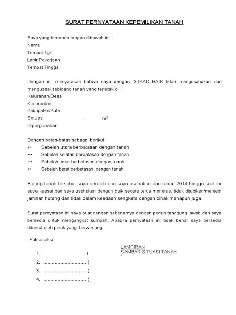 4 Contoh Surat Pernyataan Kepemilikan Tanah Dari Pemohon | PDF
