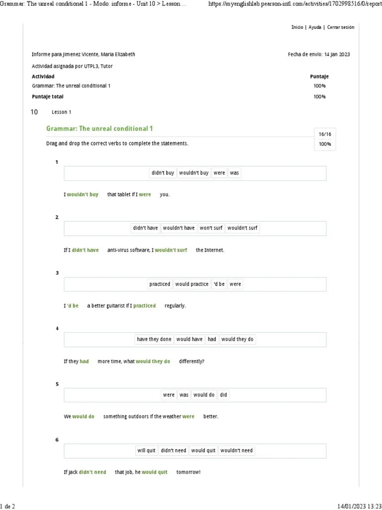Grammar The Unreal Conditional 1 - Modo Informe - Unit 10 Lesson 1 - Coursename - MyEnglishLab | PDF