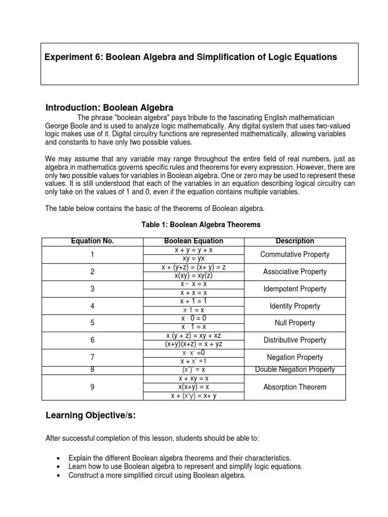 Lab. Activity 6 Boolean Algebra And Simplification Of Logic Equations ...