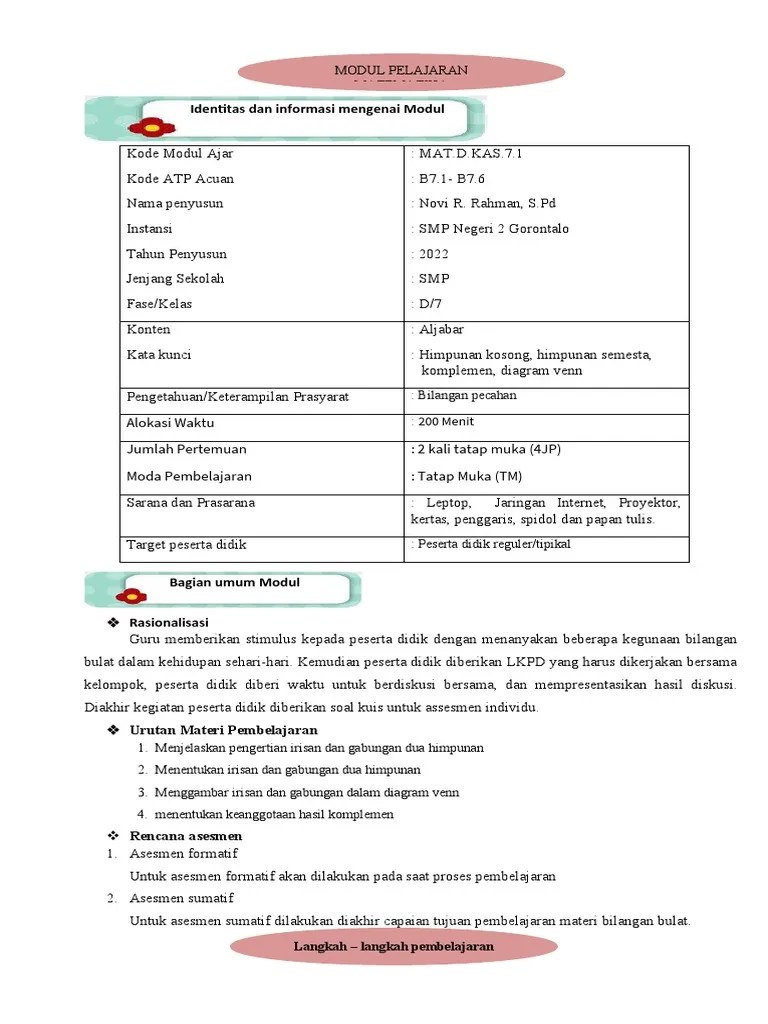 Modul Pembelajaran Matematika Kelas VII Tentang Himpunan | PDF