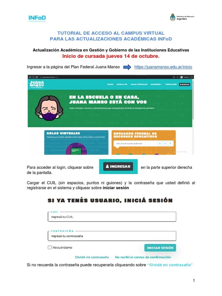 Tutorial Acceso Al Campus Virtual Actualizaciones Academicas INFoD | PDF