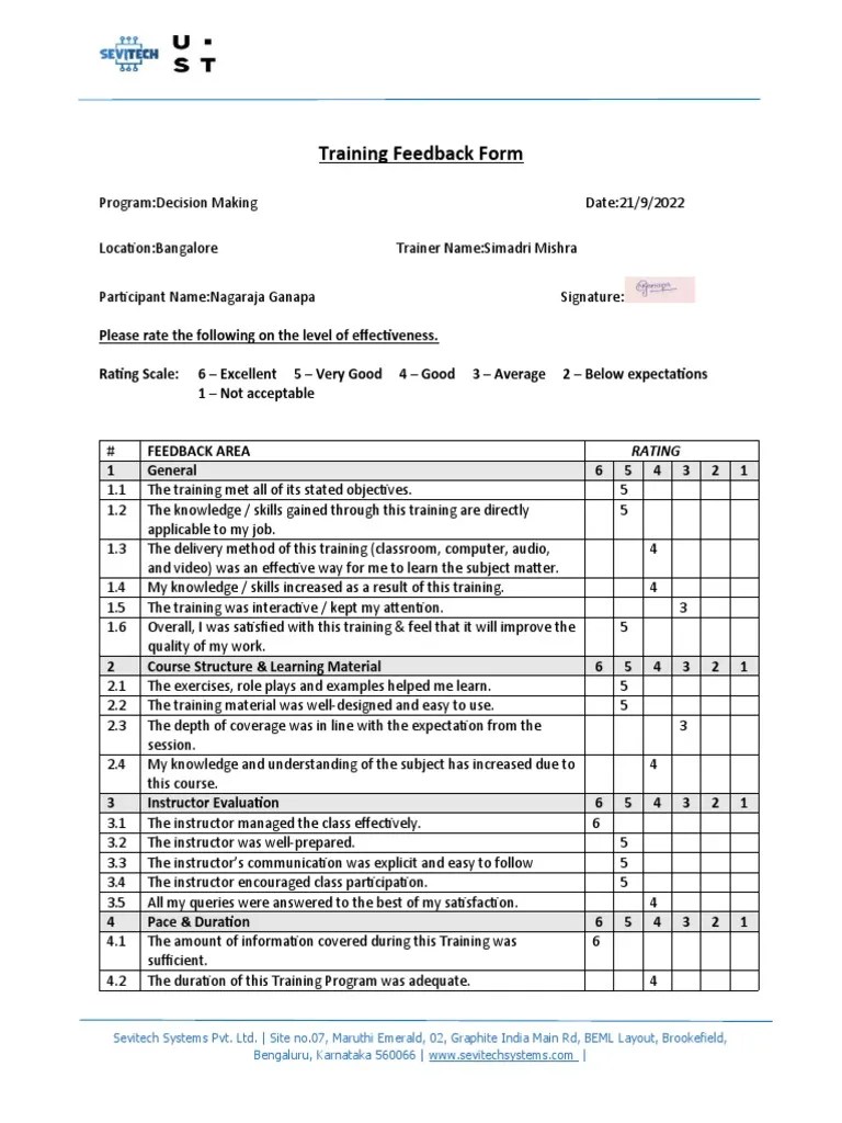 Training Feedback Form | PDF | Course Evaluation | Cognition