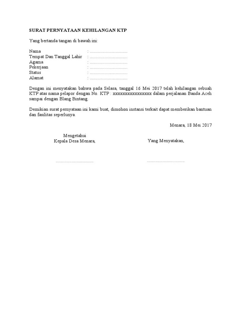 Surat Pernyataan Kehilangan KTP | PDF