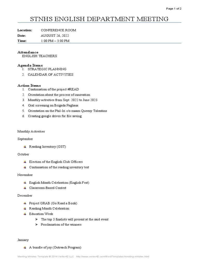 English Department Minutes Of The Meeting 1 | PDF