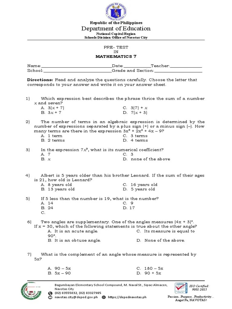 Mathematics-7 - Pre-Test | PDF | Angle | Numbers