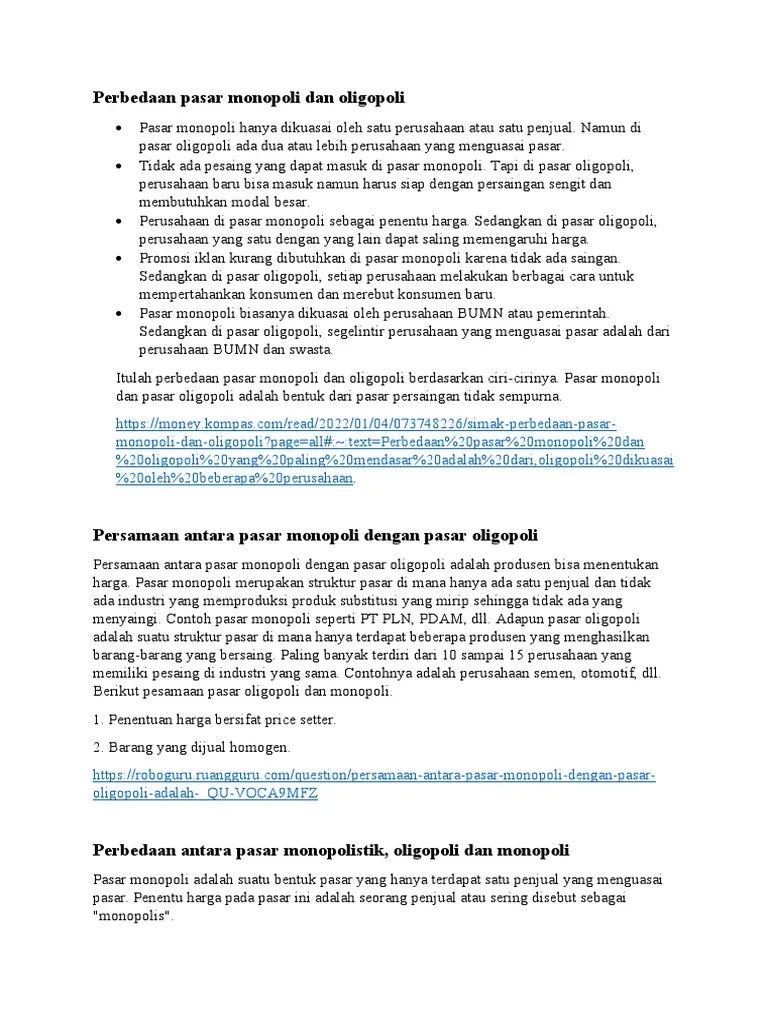 Perbedaan Dan Persamaan Pasar Monopoli, Monopolistik, Dan Oligopoli | PDF