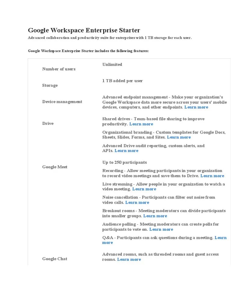 Google Workspace Enterprise Starter | PDF | Computing | Online Services