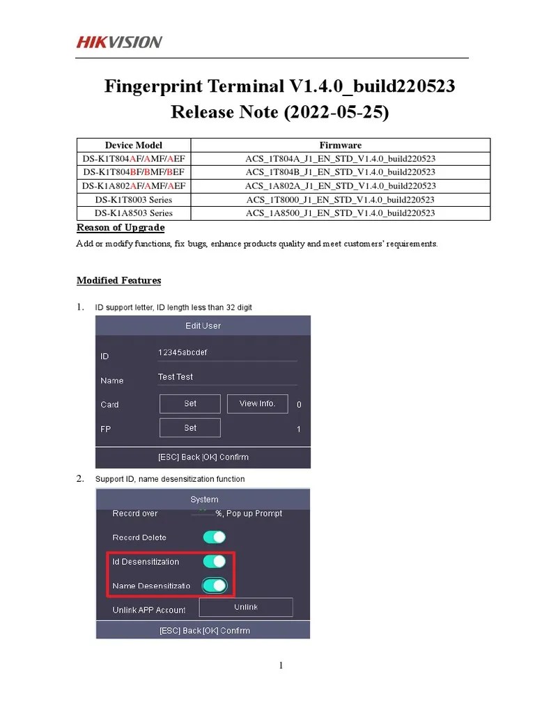 Fingerprint Terminal V1.4.0 - Build220523 Release Note | PDF ...