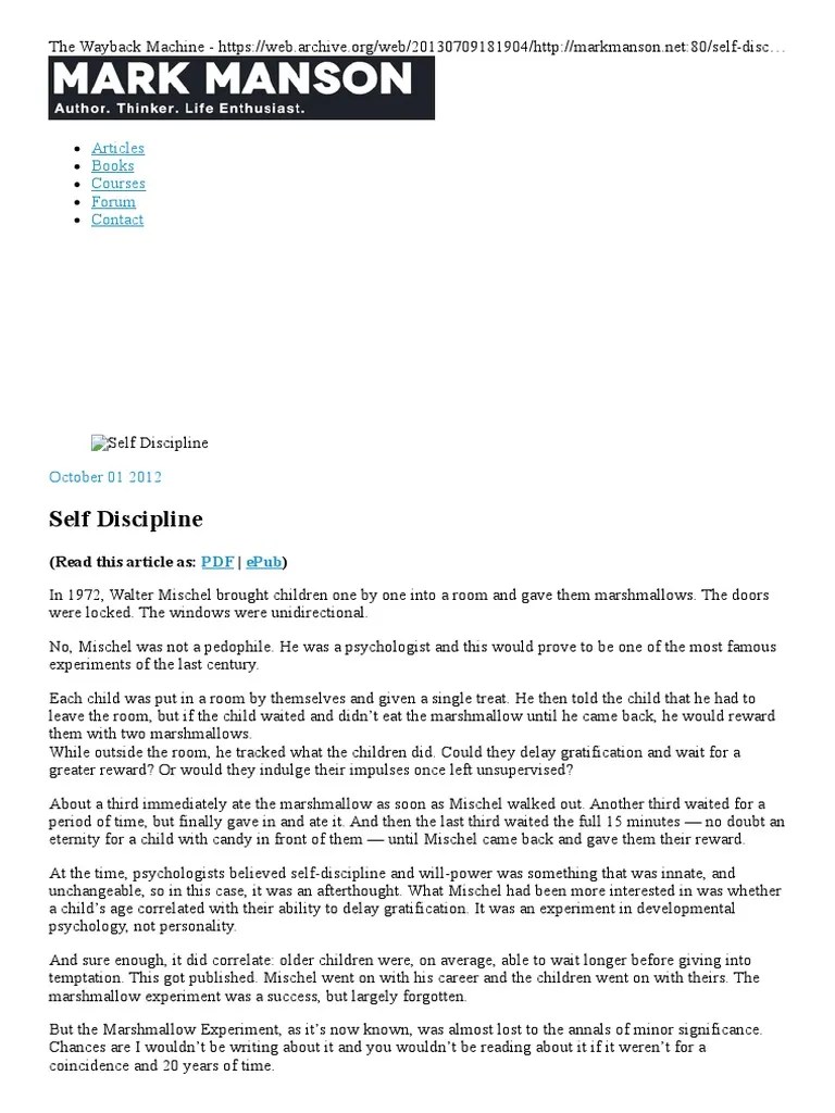 Self Discipline - Mark Manson | PDF | Disciplines | Delayed Gratification
