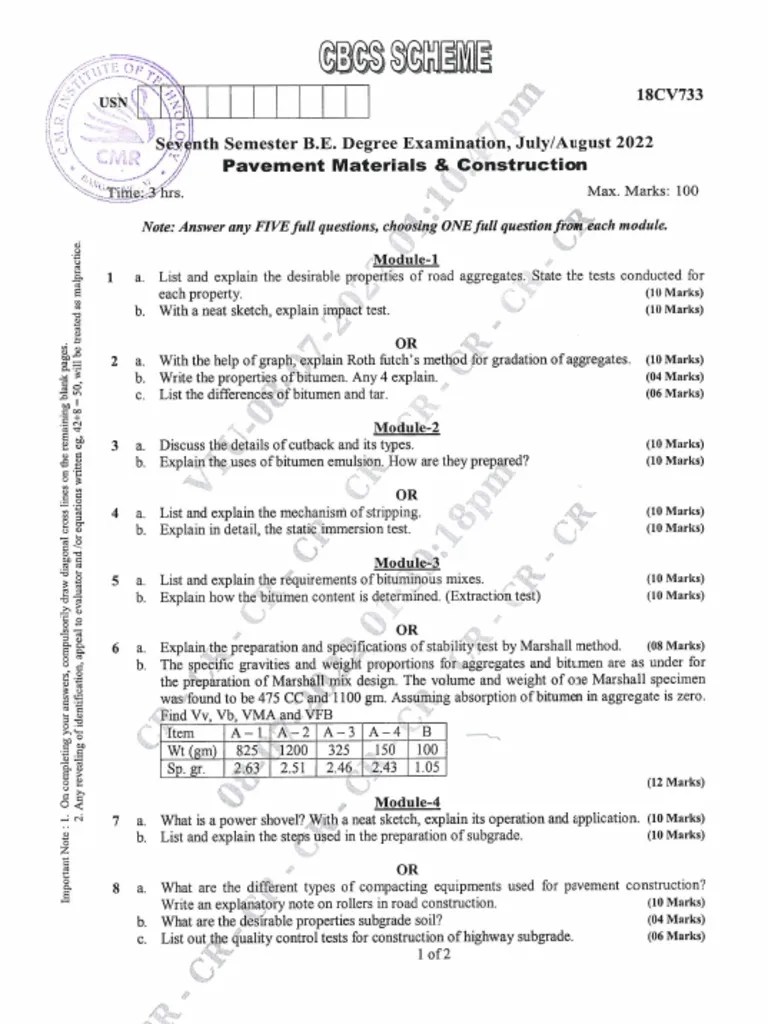 VTU Question Paper Of 18CV733 Pavement Materials - Construction June-2022 | PDF