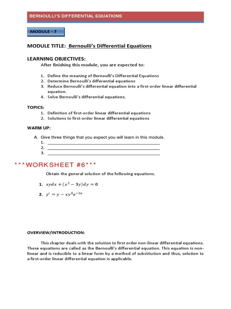 EM213 Lecture 7 Bernoulli S Differential Equations | PDF | Differential Equations | Equations