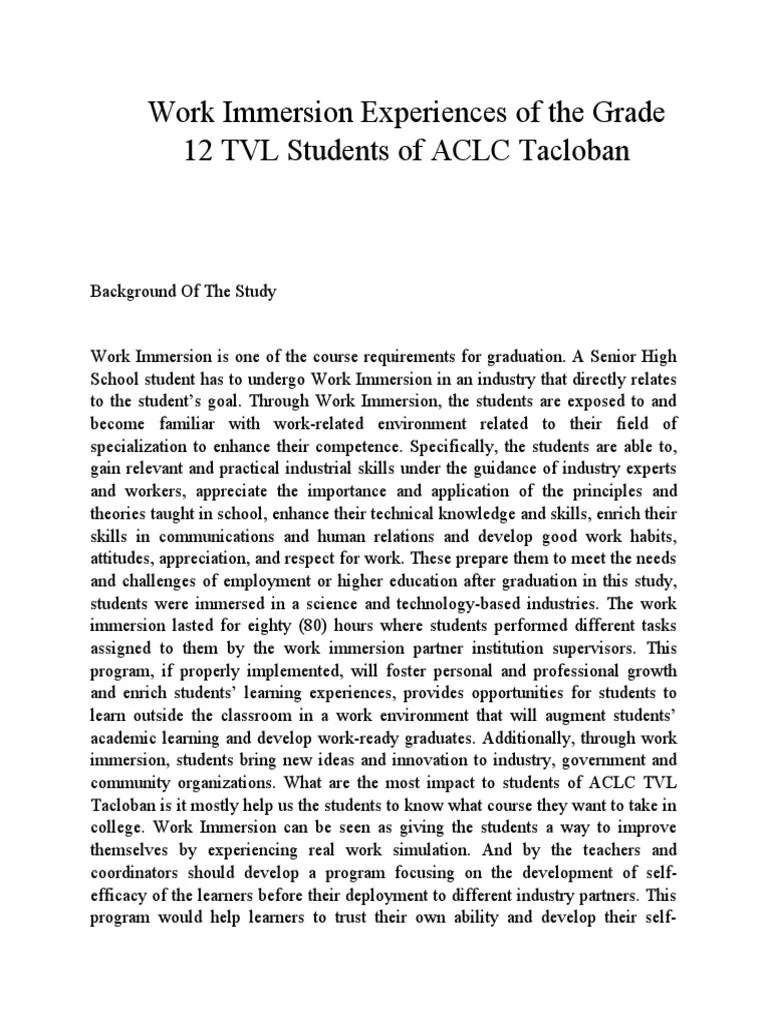 Work Immersion Experiences Of The Grade 12 TVL Students Of ACLC Tacloban | PDF | Learning ...