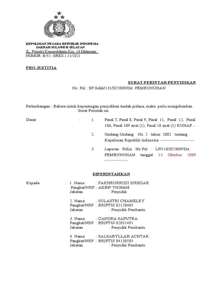SURAT PERINTAH PENYIDIKAN KASUS PEMBUNUHAN BERENCANA | PDF