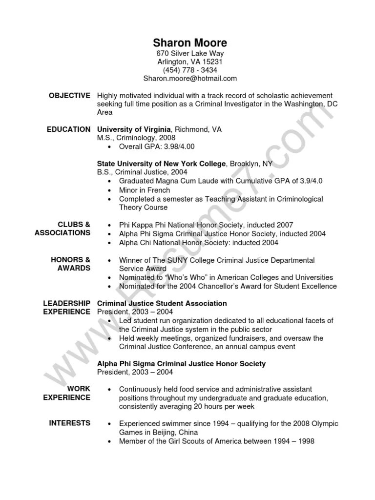 Company name － city, state nanny affectionately care for 3 children, ages 9, 7 and 5. Criminial Justice Resume Sample | Criminal Justice | Crime ...