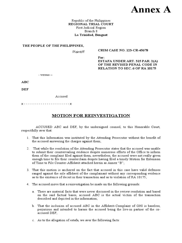 Motion For Reinvestigation | PDF | Fraud | Prosecutor
